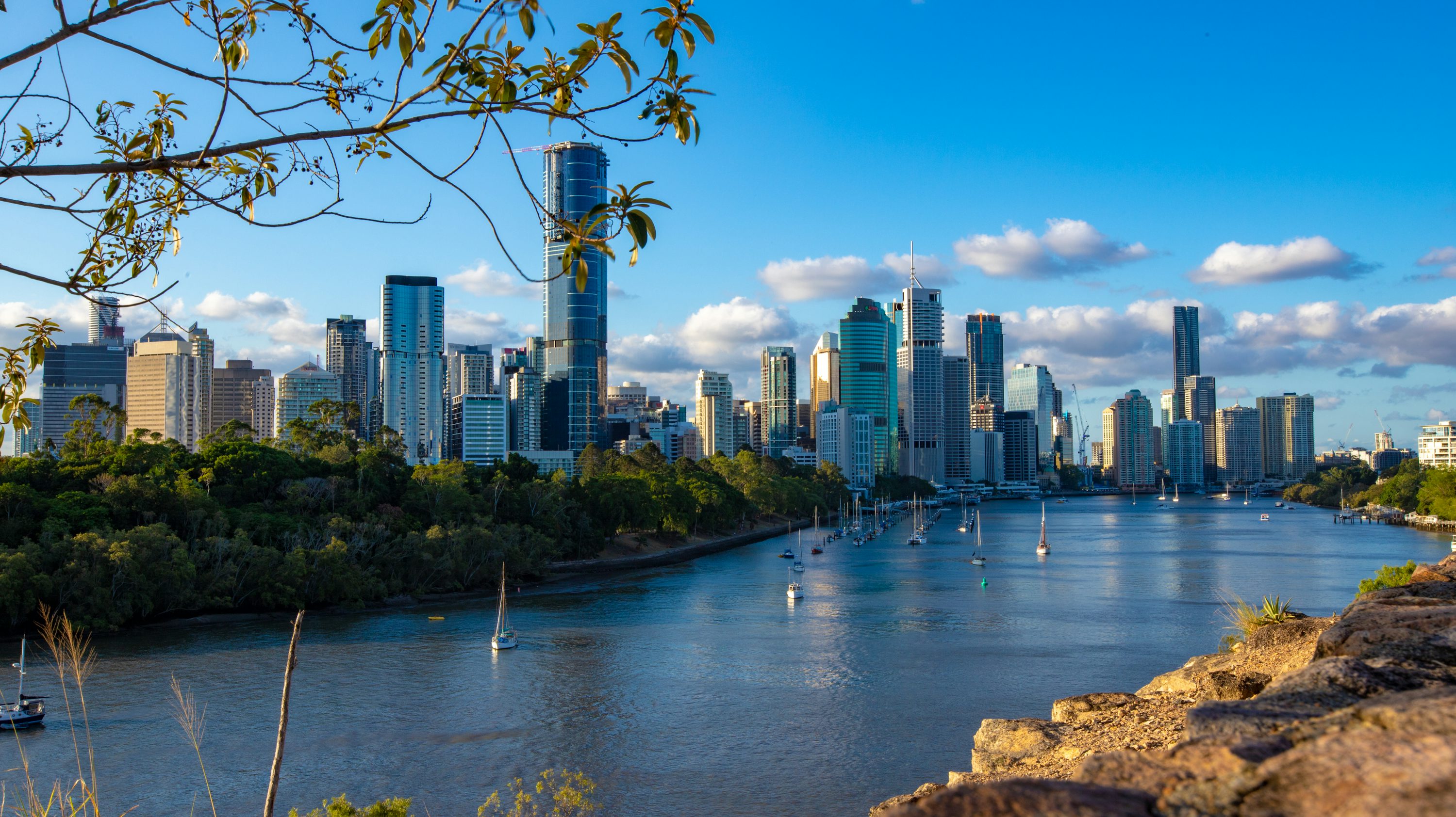 Aerial drone view of Brisbane city skyline and river